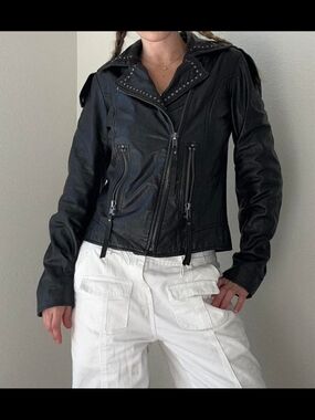 Black Studded Leather Moto Jacket - Women's